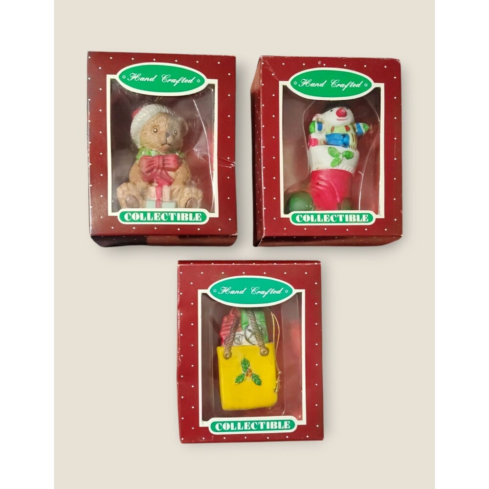 Set of 3 Hand Crafted Christmas Ornaments Teddy Bear Snowman Stocking Gift Boxes